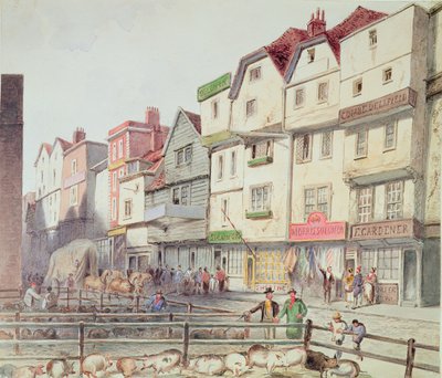 Vista di Long Lane, con maiali nei recinti in parte del Vecchio Mercato di Smithfield, 1844 da Unbekannt Unbekannt